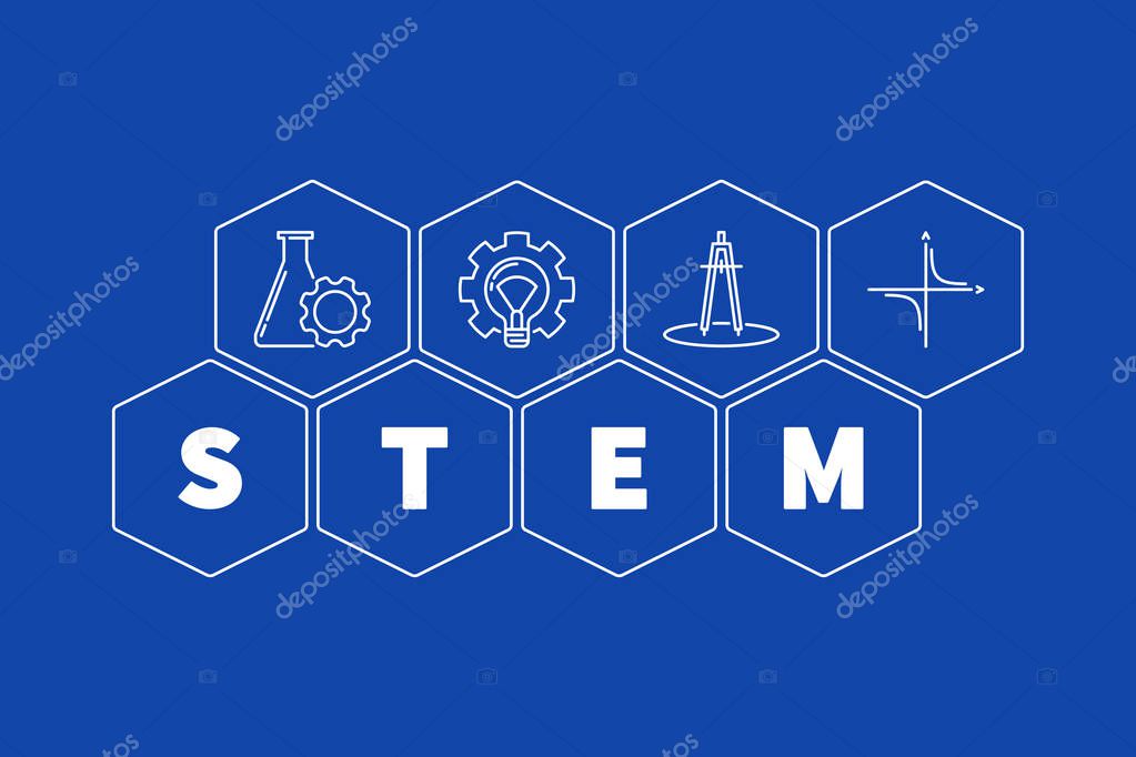 Science, Technology, Engineering and Mathematics STEM vector concept hexagon illustration on blue background
