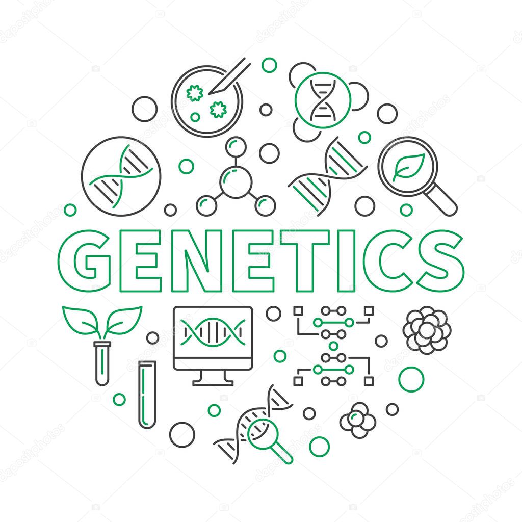Genetics vector round illustration made with genes and genetic variation outline icons