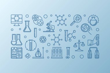 Kimya Lab Ekipmanları vektör anahat yatay afiş