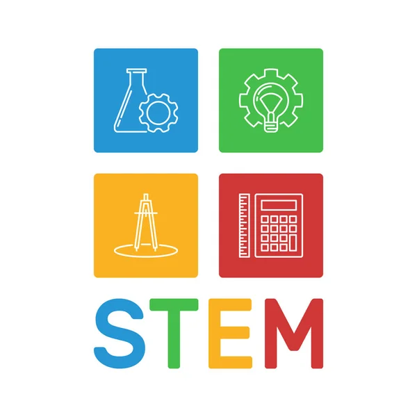 Parola STEM con illustrazione vettoriale delle icone del contorno scientifico — Vettoriale Stock