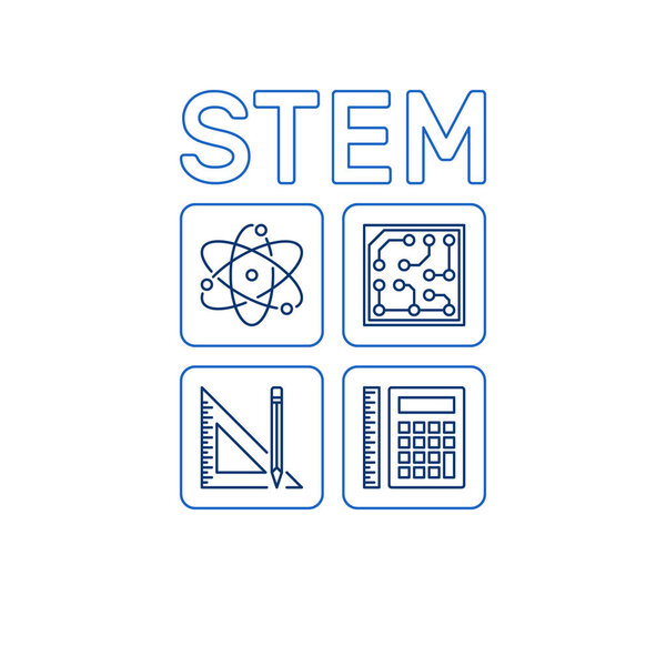Слово STEM с иконками. Векторная научная иллюстрация
