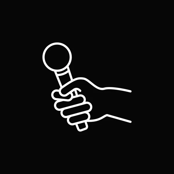 Mic in hand vector omtrek pictogram op zwarte achtergrond — Stockvector