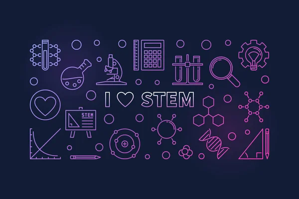 I Love STEM concepto color contorno vector horizontal banner — Archivo Imágenes Vectoriales