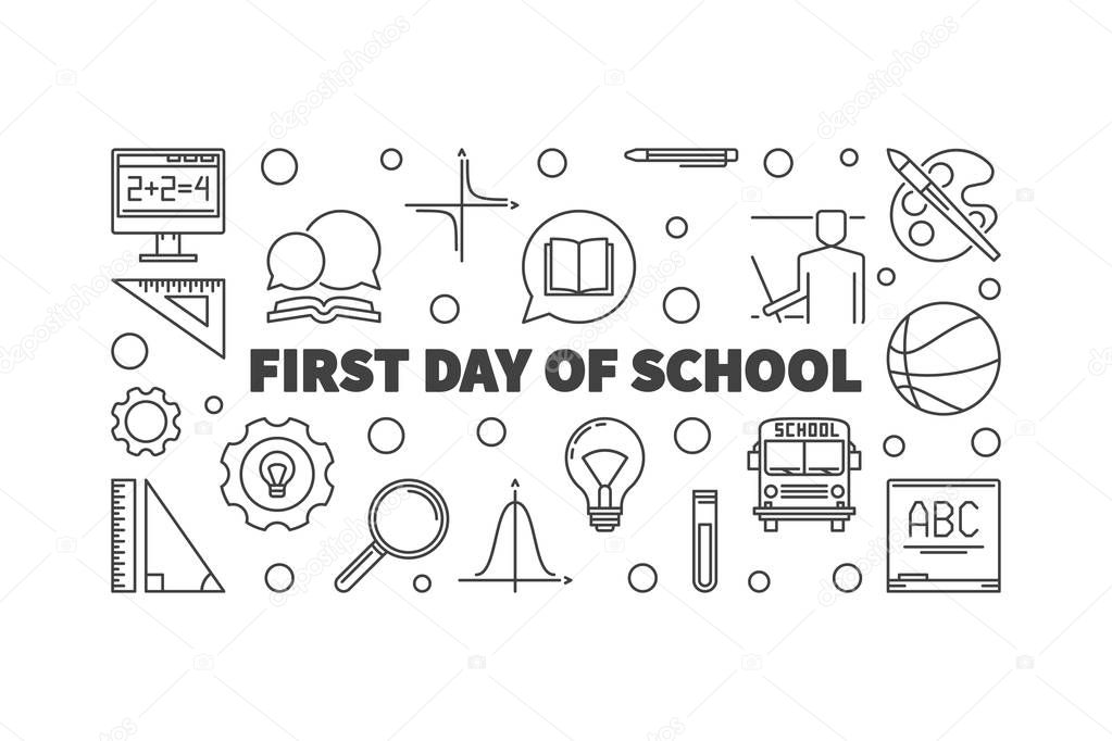 First Day of School vector concept outline horizontal illustration or banner