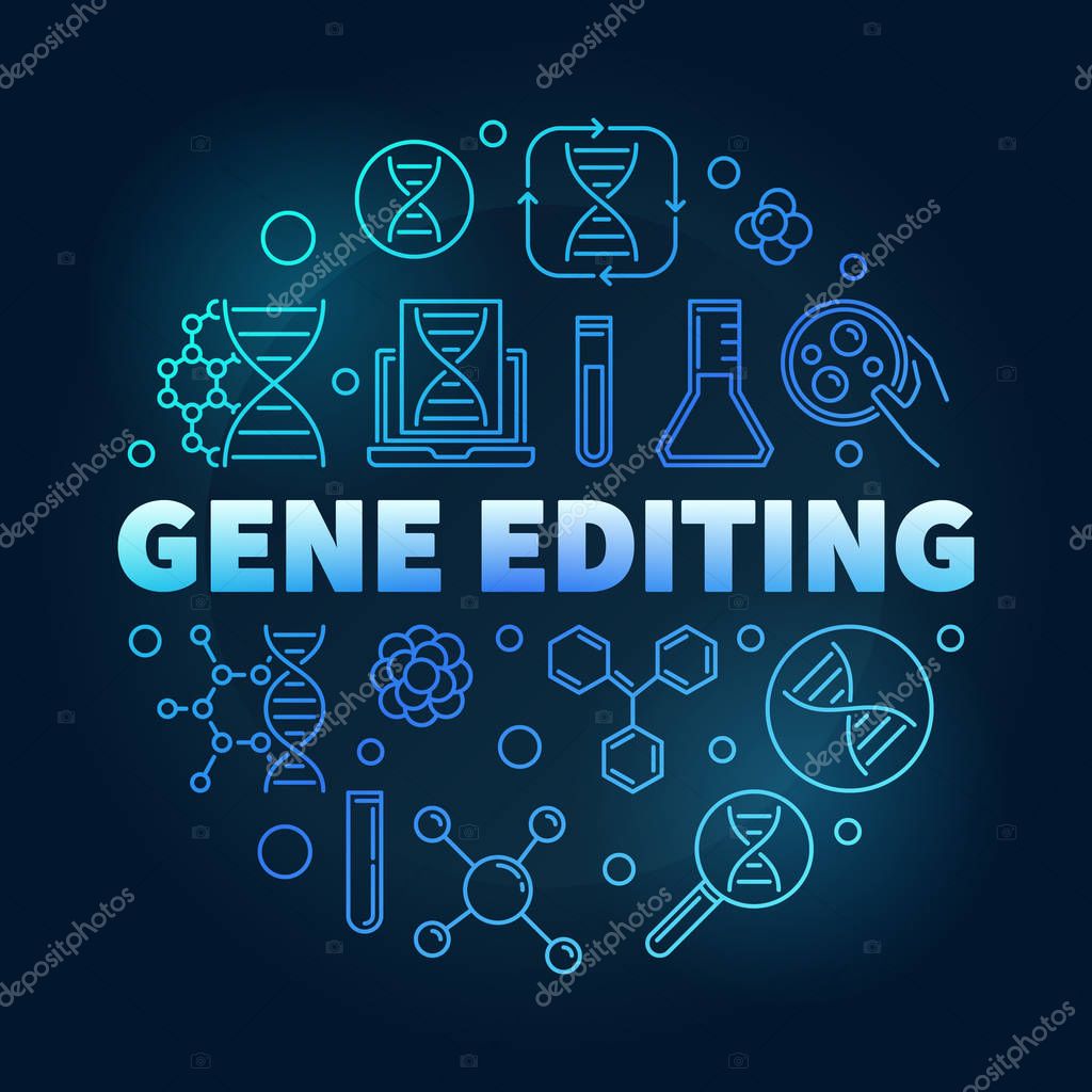 Gene Editing vector circular blue illustration in linear style on dark background