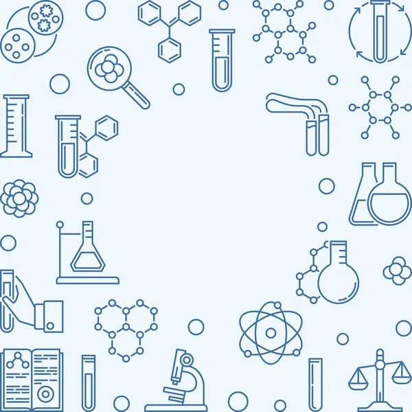 Χημεία τετράγωνο φόντο με μπλε χημική περίγραμμα εικονίδια — Διανυσματικό Αρχείο