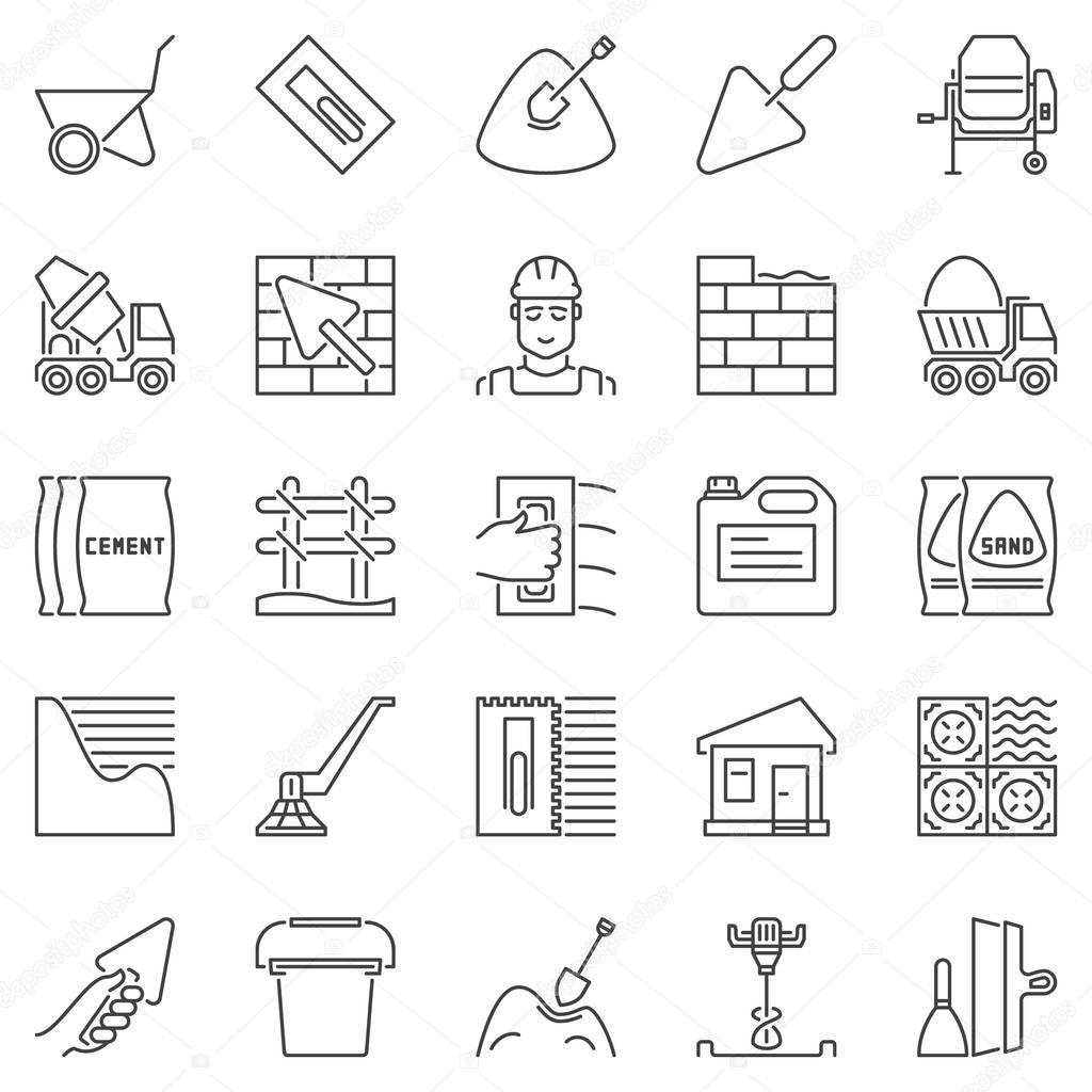 Cement and Concrete outline icons. Vector construction signs