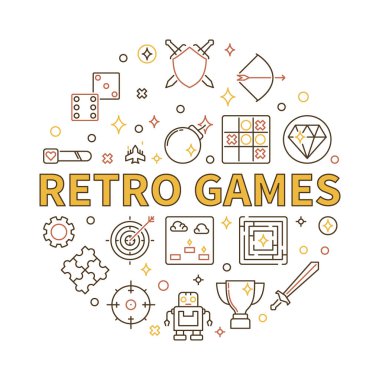 Anahat stilinde Retro Games vektör yuvarlak illüstrasyon