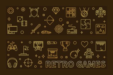 Retro Games seti altın afişler anahat. Vektör çizimi