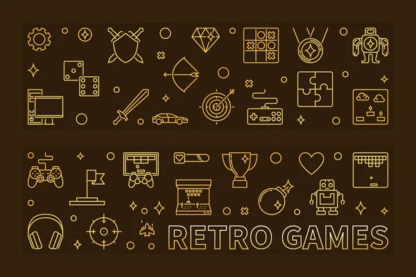 Conjunto de Retro Games esbozan banderas doradas. Ilustración vectorial — Vector de stock