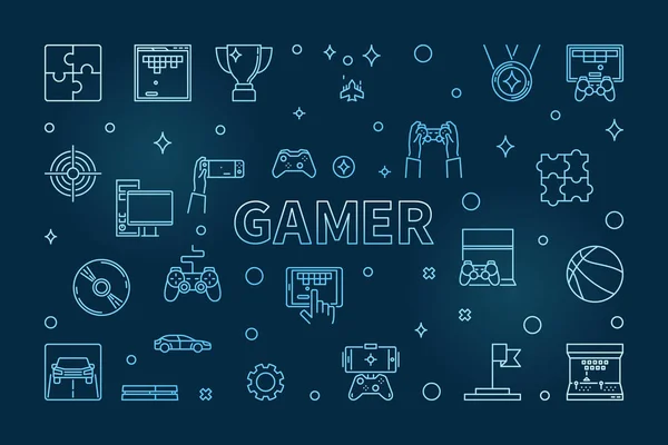 Gamer vector concept blauwe omtrek horizontale illustratie — Stockvector