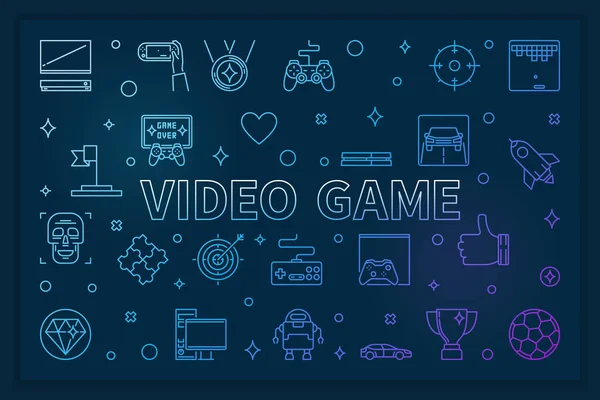 Vídeo Game blue horizontal banner - ilustração linear vetorial — Vetor de Stock