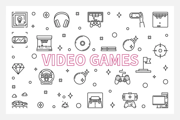 Video Games vector concept outline banner or illustration — Stock Vector