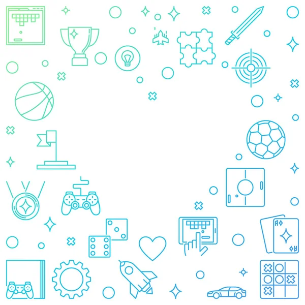 Marco colorido vectorial con iconos de esquema de juego en forma de corazón — Vector de stock