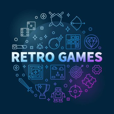 Retro Oyunlar vektör kavramı yuvarlak renkli ince çizgi illüstrasyon