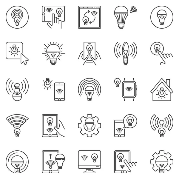 Conjunto de ícones de contorno de lâmpada inteligente. Lâmpadas LED Wi-Fi símbolos vetoriais — Vetor de Stock