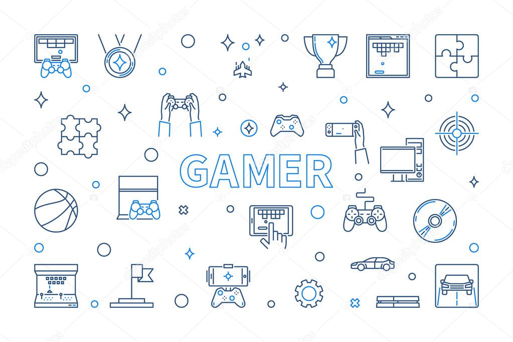 Gamer vector concept horizontal illustration in thin line style
