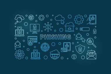 Phishing vektör konsepti doğrusal mavi yatay illüstrasyon