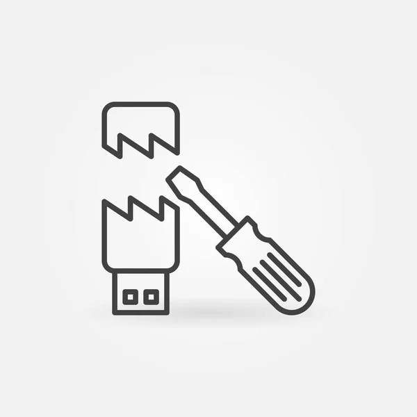 Skadad USB-sticka med skruvmejsel vektor kontur ikon — Stock vektor