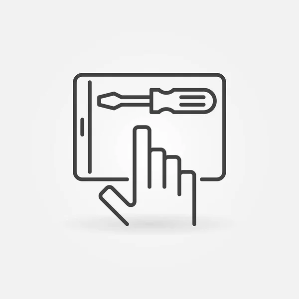 Mano y Tablet con Screwdriver vector línea icono — Vector de stock