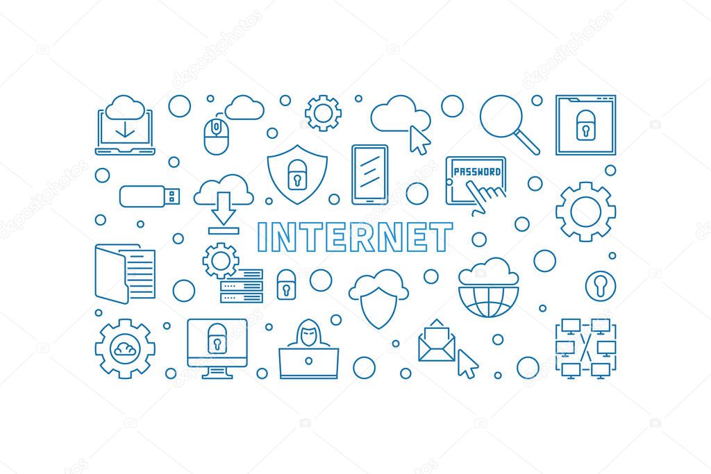 Internet concept horizontal banner in thin line style. Vector illustrationInternet concept horizontal banner in thin line style. Vector illustration