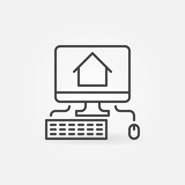 PC med House line ikon. Arbeta hemma vektor symbol — Stock vektor