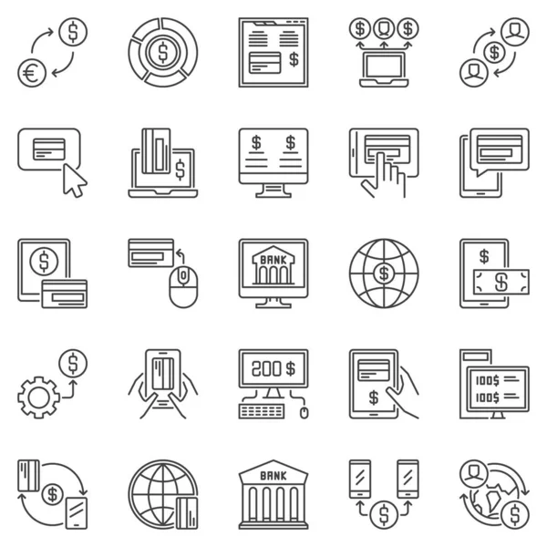 Online Banking conjunto de ícones esboço. Vector Internet Sinais bancários —  Vetores de Stock