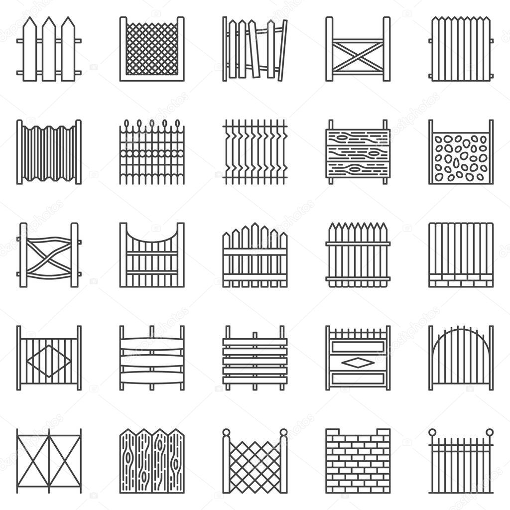 Fence outline icons set. Fences vector symbols or design elements in thin line style