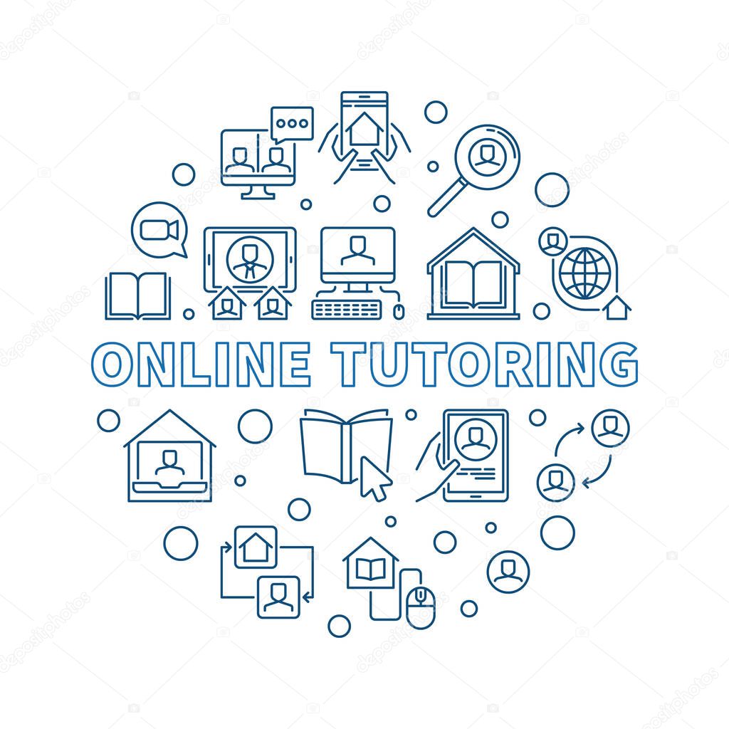 Online Turoring vector thin line concept round blue illustration on white background
