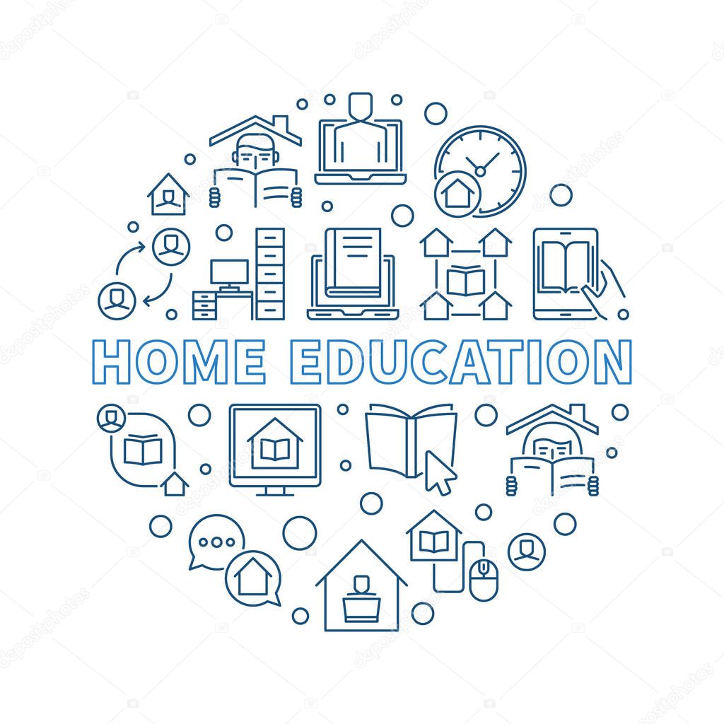 Home Education vector concept blue round illustration in thin line style on white background