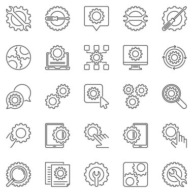 Özet simgeleri ayarlandı. Vektör çark ve vites tabelaları