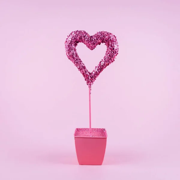 Glitter Heart Flower Pot Pink Background Valentines Day Love Growth — Stock Photo, Image