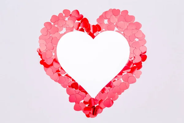 Hearts Glitter Heart Confetti White Paper Card Valentine Day Concept — Stock Photo, Image