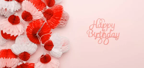 Cupcake Carta Ghirlanda Felice Compleanno Lettering Sfondo Rosa Concetto Festa — Foto Stock