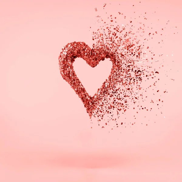 Glitter Heart Dissolving Pieces Pink Background Valentines Day Broken Heart — Stock Photo, Image