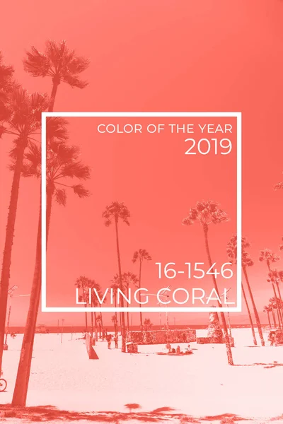 Tripical beach with palm trees. Holiday and vacation concept. Living coral toning - color of the year 2019. Vertical, with color index plate