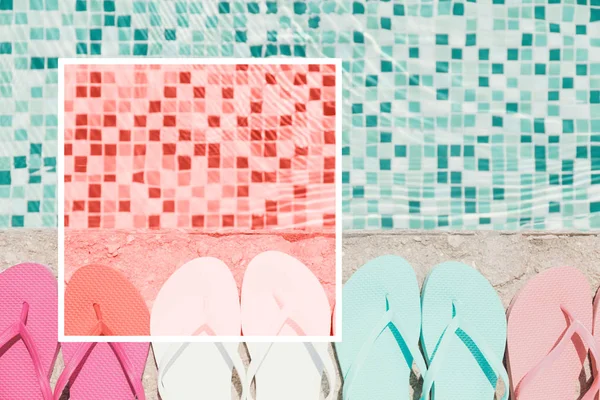 Flip Flops Pool Border Horizontal Coral Toning — Stock Photo, Image