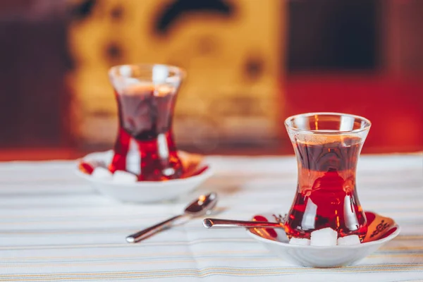 Turkish tea in the restaurant. Turkish cuisine and travel  concept. Horizontal