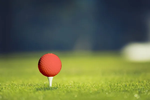 Close up of golf ball on tee. Concept of the fresh start. Horizontal. Coral accent - color of the year 2019