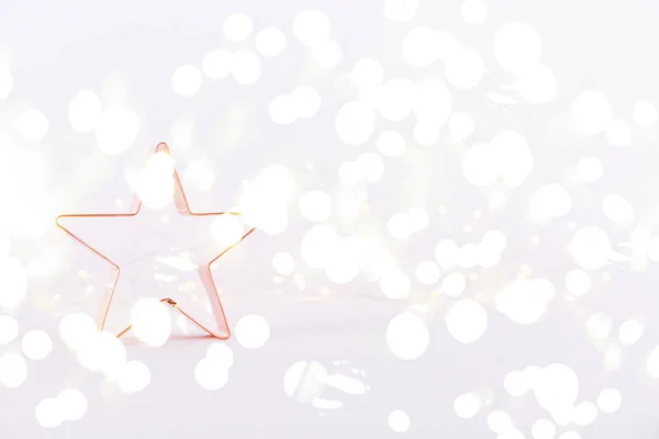 Star Copper Cookie Cutter White Sparkling Background Bokeh Lights Holiday — Stock Photo, Image