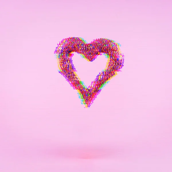 ピンクの背景に輝き心 バレンタインの日 愛のコンセプトです 正方形します 効果グリッチ カラフルな破壊的な — ストック写真