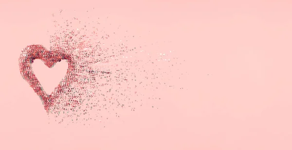 Glitter heart dissolving into pieces on pink background.  Valentines day, broken heart and love emergence concept. Horizontal wide screen banner format. Glitch effect, colorful disruptive. Living coral - color of the year 2019