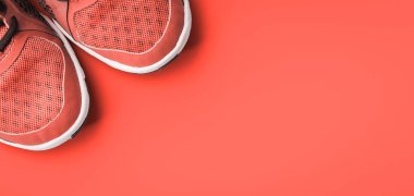 Spor ayakkabı ve halter sağlam zemin üzerinde. Sportif ve sağlıklı spor kavram formunuzu koruyun. Başlık biçimi, mercan ton yaşayan Üstten Görünüm