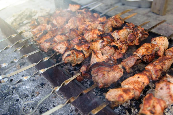 Shashlik Cocinado Sobre Fuego Abierto Sobre Las Brasas — Foto de Stock