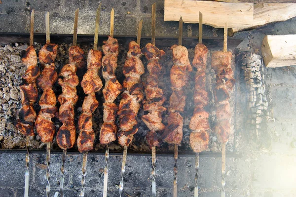 Shashlik Cozinhado Sobre Uma Fogueira Nas Brasas — Fotografia de Stock