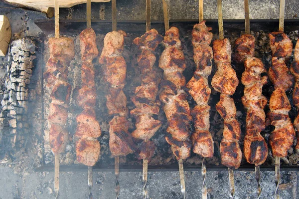 Shashlik Cocinado Sobre Fuego Abierto Sobre Las Brasas — Foto de Stock