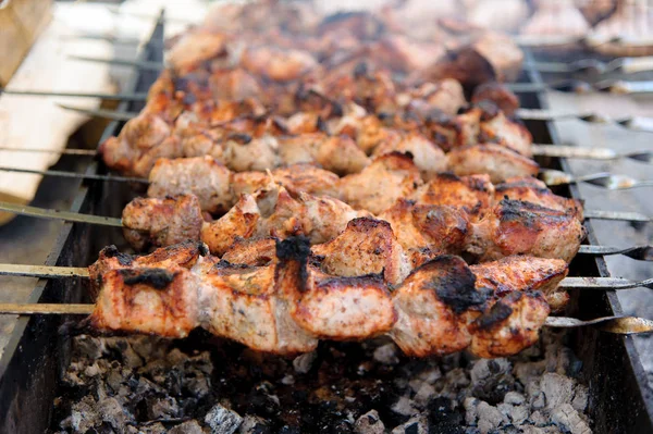 Shashlik Cozinhado Sobre Uma Fogueira Nas Brasas — Fotografia de Stock