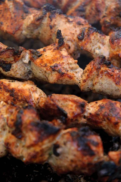 Shashlik Cozinhado Sobre Uma Fogueira Nas Brasas — Fotografia de Stock