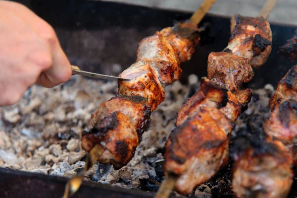 Shashlik Cocinado Sobre Fuego Abierto Sobre Las Brasas —  Fotos de Stock