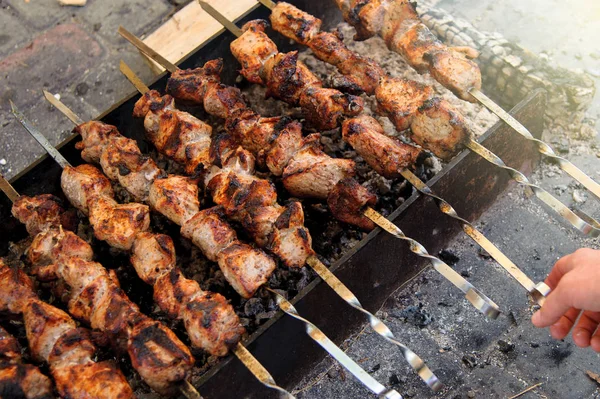 Shashlik Tillagad Över Öppen Eld Kolen Stockbild